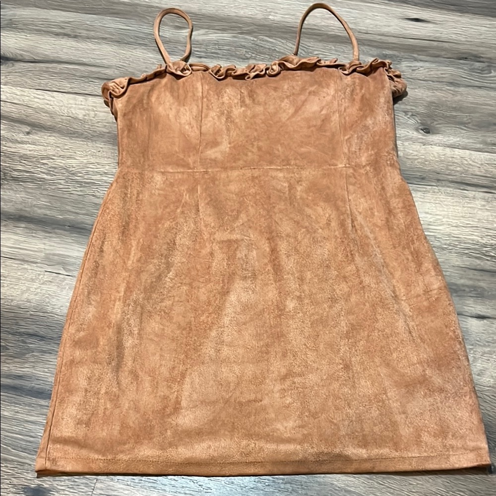 Fila The Brand tan suede ruffle trimmed dress- size L